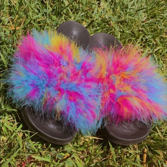Rainbow Fur Slippers / Fuzzy Slides (Black) - Picture 2 of 10